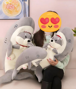 Image of a girl playing with three Husky plush toys and pillows in three sizes