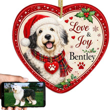 Load image into Gallery viewer, Old English Sheepdog Christmas Ornament - Love &amp; Joy Heart Shaped Portrait - Personalize with Photo and Name-Christmas Ornament-Christmas,Christmas Ornament,Old English Sheepdog,Personalize Artwork-1