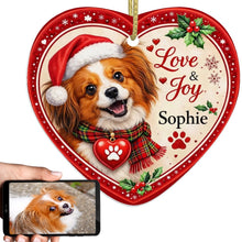 Load image into Gallery viewer, Papillon Christmas Ornament - Love &amp; Joy Heart Shaped Portrait - Personalize with Photo and Name-Christmas Ornament-Christmas,Christmas Ornament,Papillon,Personalize Artwork-1