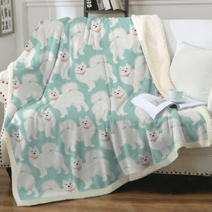 Pastel Paws Samoyeds Soft Warm Fleece Blanket - 4 Colors-Blanket-Bedding, Blankets, Home Decor, Samoyed-Mint Green-Small-1