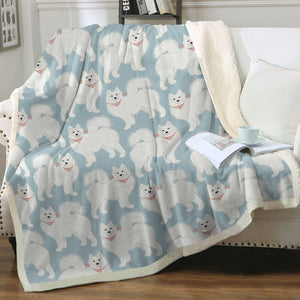 Pastel Paws Samoyeds Soft Warm Fleece Blanket - 4 Colors-Blanket-Bedding, Blankets, Home Decor, Samoyed-Pastel Blue-Small-3