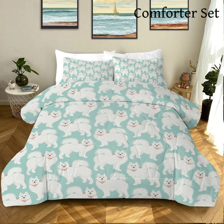 Pastel Paws Samoyed Bedding Set - Comforter or Duvet Cover-Bedding-Bedding, Blankets, Home Decor, Samoyed-Mint Green-Comforter (with filling) + 2 Pillowcases-Twin-3