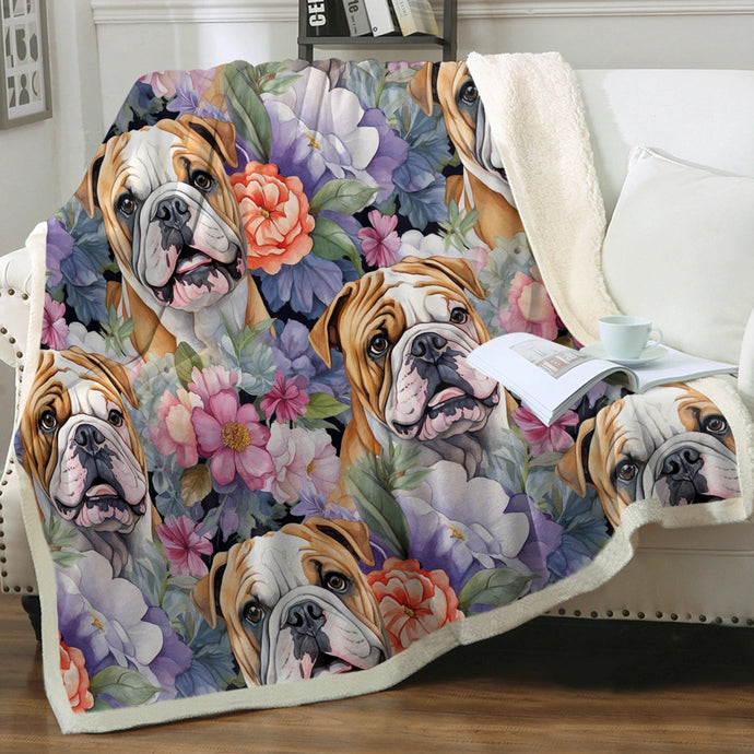 Pastel Portrait Blossoming Bulldogs Soft Warm Fleece Blanket-Blanket-Blankets, English Bulldog, Home Decor-Small-1