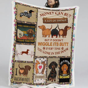 Patchwork Dachshunds with Quote Fleece Blankets - 3 Designs-Blanket-Blankets, Dachshund, Dogs, Home Decor-Money Can't Buy Wiggle Butt-Small-3