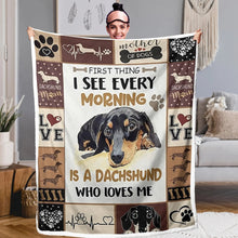 Load image into Gallery viewer, Patchwork Dachshunds with Quote Fleece Blankets - 3 Designs-Blanket-Blankets, Dachshund, Dogs, Home Decor-First Thing I See Every Morning-Small-1