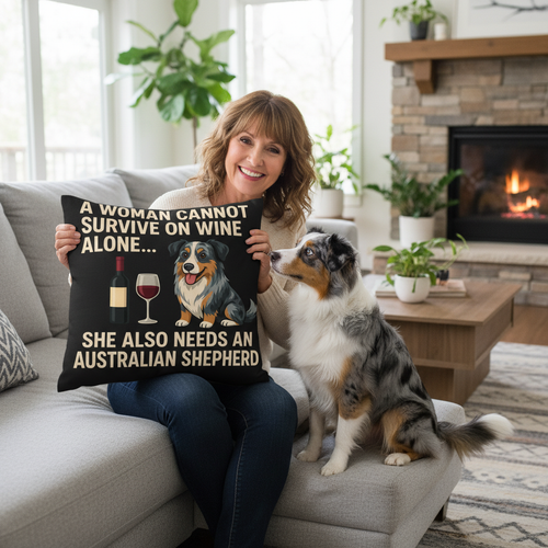 Personalized “A Woman Cannot Survive on Wine Alone…” Australian Shepherd Pillowcase-Home Decor-Australian Shepherd,Dog Mom Gifts,Home Decor,Personalize Artwork,Pillows-1