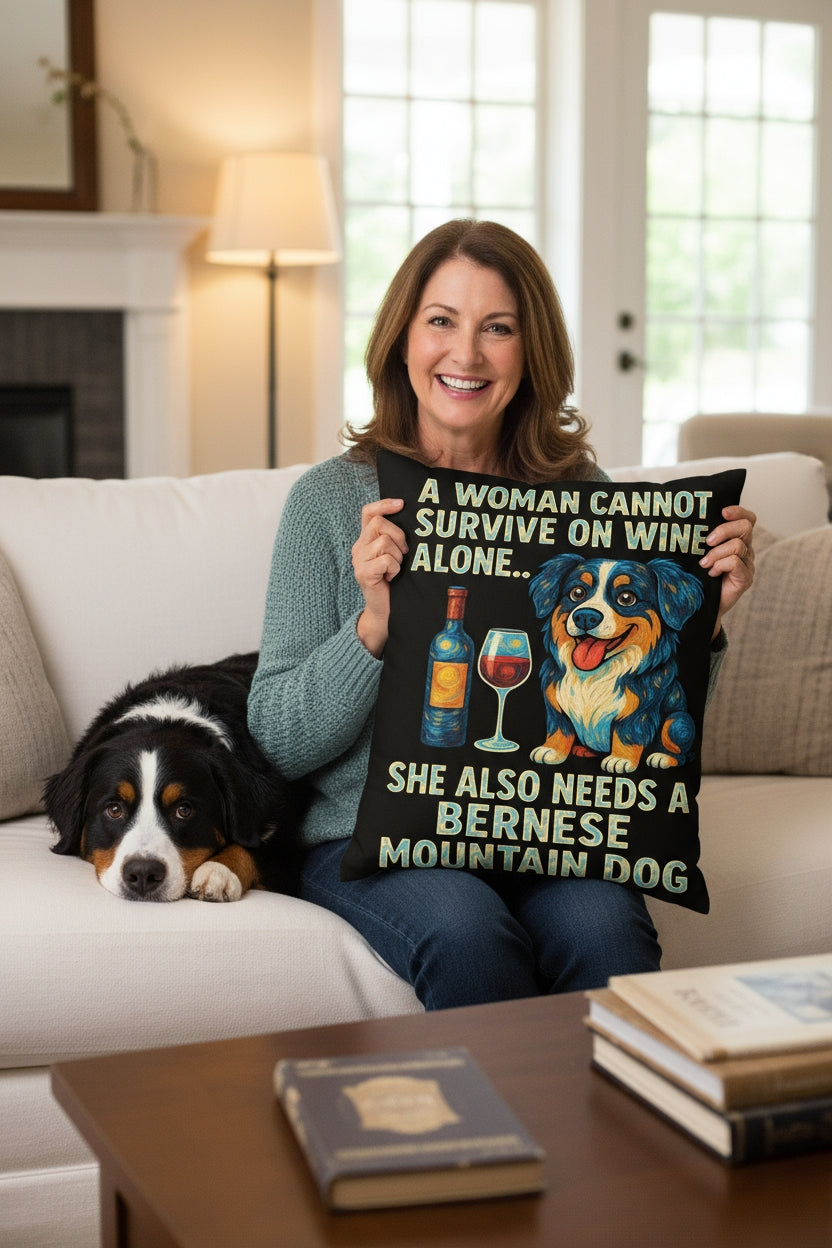 Personalized “A Woman Cannot Survive on Wine Alone…” Bernese Mountain Dog Pillowcase-Home Decor-Bernese Mountain Dog,Dog Mom Gifts,Home Decor,Personalize Artwork,Pillows-1