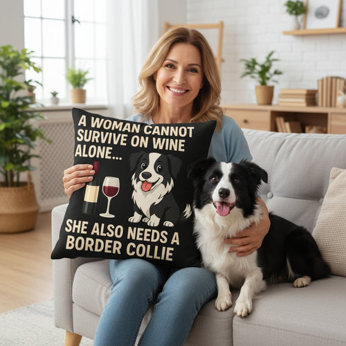 Personalized “A Woman Cannot Survive on Wine Alone…” Border Collie Pillowcase-Home Decor-Border Collie,Dog Mom Gifts,Home Decor,Personalize Artwork,Pillows-1