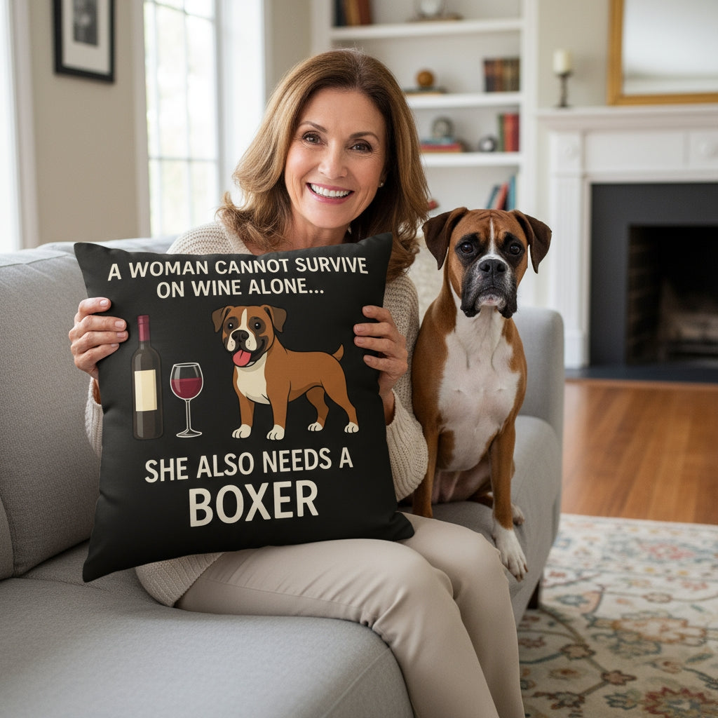 Personalized A Woman Cannot Survive On Wine Alone Boxer Dog Pillowcase