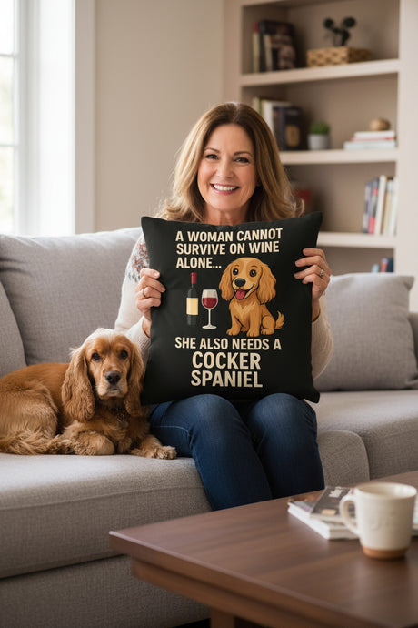 Personalized “A Woman Cannot Survive on Wine Alone…” Cocker Spaniel Pillowcase-Home Decor-Cocker Spaniel,Dog Mom Gifts,Home Decor,Personalize Artwork,Pillows-1