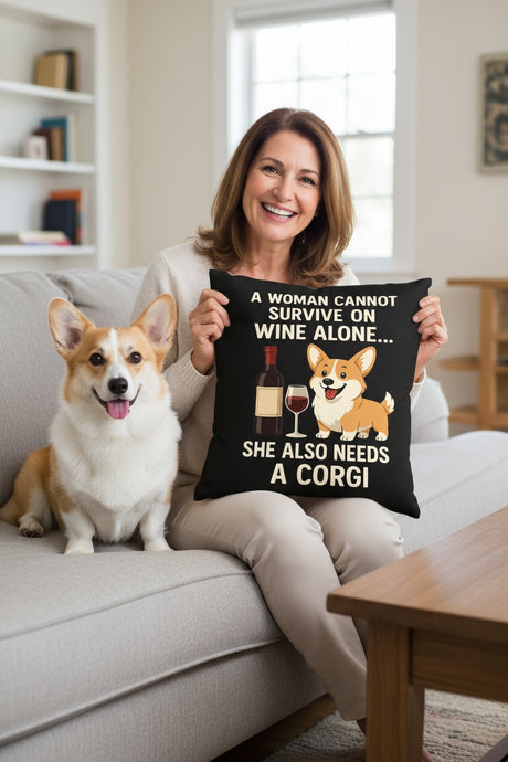 Personalized “A Woman Cannot Survive on Wine Alone…” Corgi Pillowcase-Home Decor-Corgi,Dog Mom Gifts,Home Decor,Personalize Artwork,Pillows-1