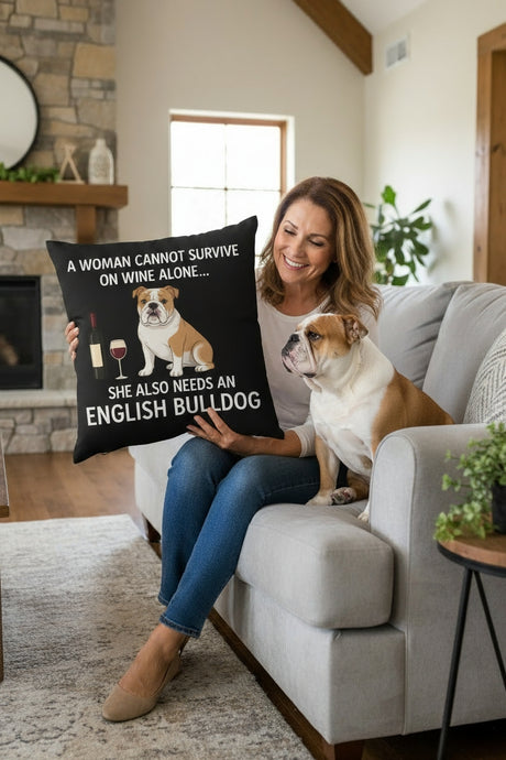 Personalized “A Woman Cannot Survive on Wine Alone…” English Bulldog Pillowcase-Home Decor-Dog Mom Gifts,English Bulldog,Home Decor,Personalize Artwork,Pillows-1