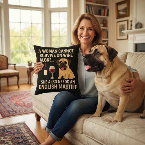 Personalized “A Woman Cannot Survive on Wine Alone…” English Mastiff Pillowcase-Home Decor-Dog Mom Gifts,English Mastiff,Home Decor,Personalize Artwork,Pillows-1