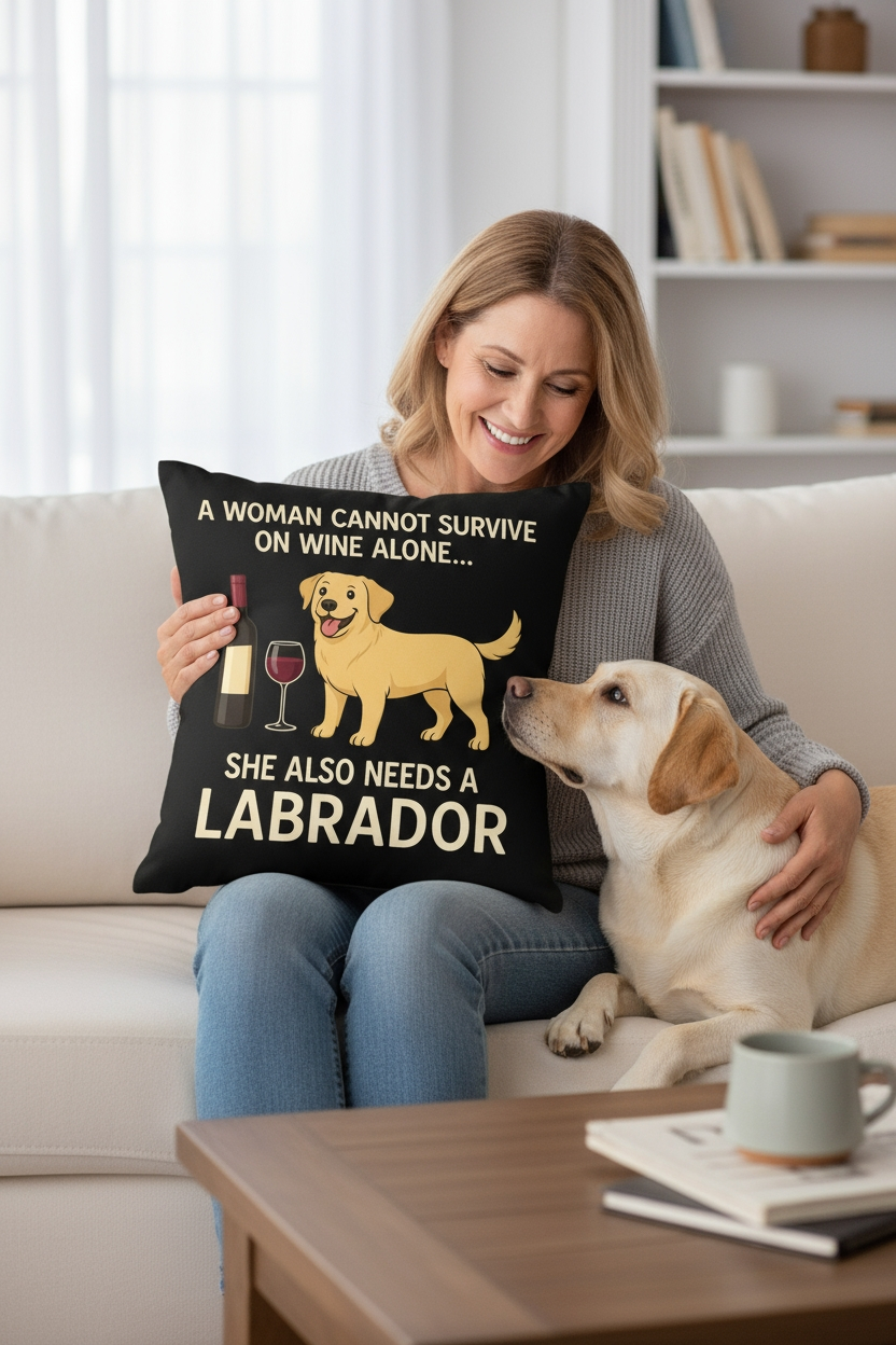Personalized “A Woman Cannot Survive on Wine Alone…” Labrador Pillowcase-Home Decor-Black Labrador,Chocolate Labrador,Dog Mom Gifts,Home Decor,Labrador,Personalize Artwork,Pillows-1