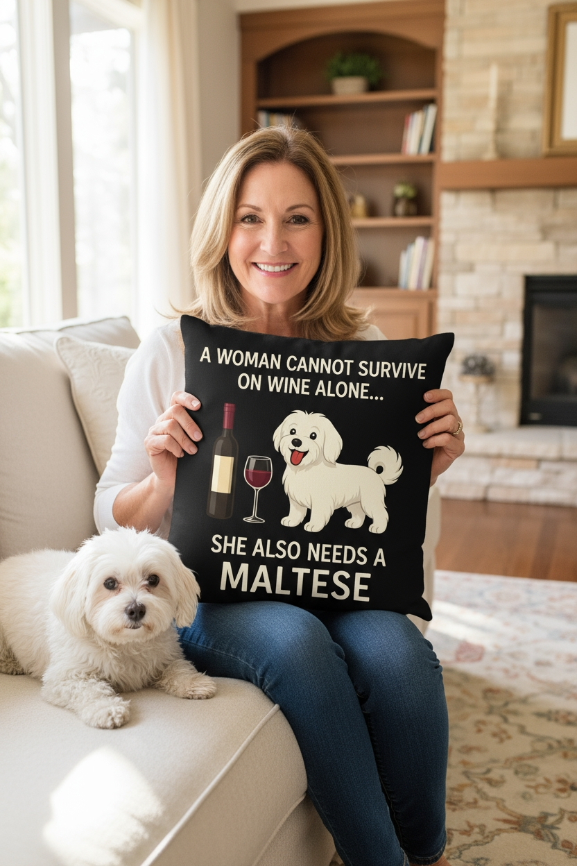 Personalized “A Woman Cannot Survive on Wine Alone…” Maltese Pillowcase-Home Decor-Dog Mom Gifts,Home Decor,Maltese,Personalize Artwork,Pillows-1