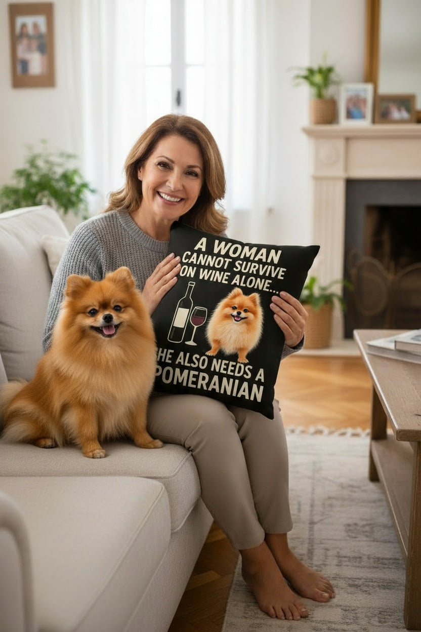 Personalized “A Woman Cannot Survive on Wine Alone…” Pomeranian Pillowcase-Home Decor-Dog Mom Gifts,Home Decor,Personalize Artwork,Pillows,Pomeranian-1