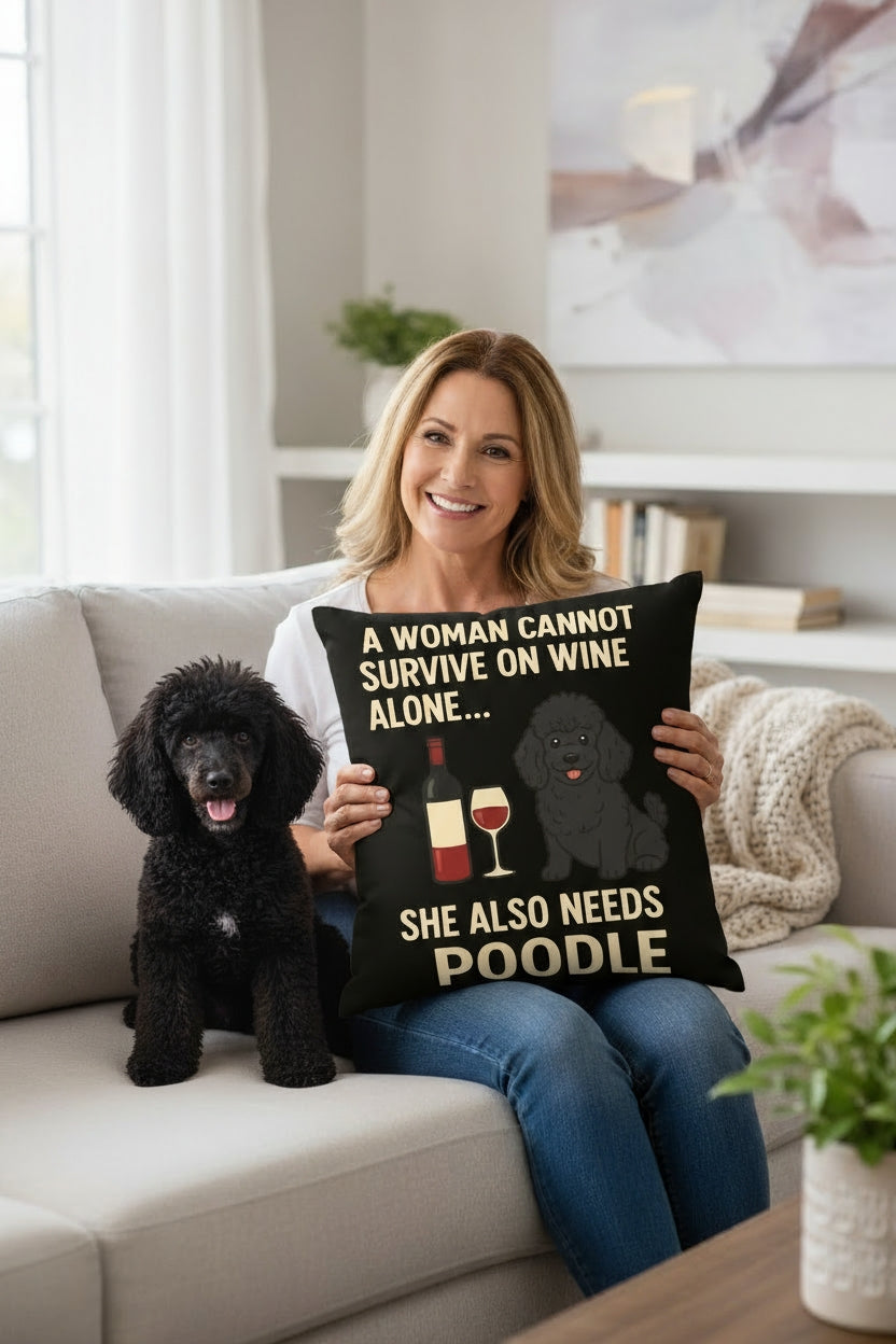 Personalized “A Woman Cannot Survive on Wine Alone…” Poodle Pillowcase-Home Decor-Dog Mom Gifts,Home Decor,Personalize Artwork,Pillows,Poodle-1