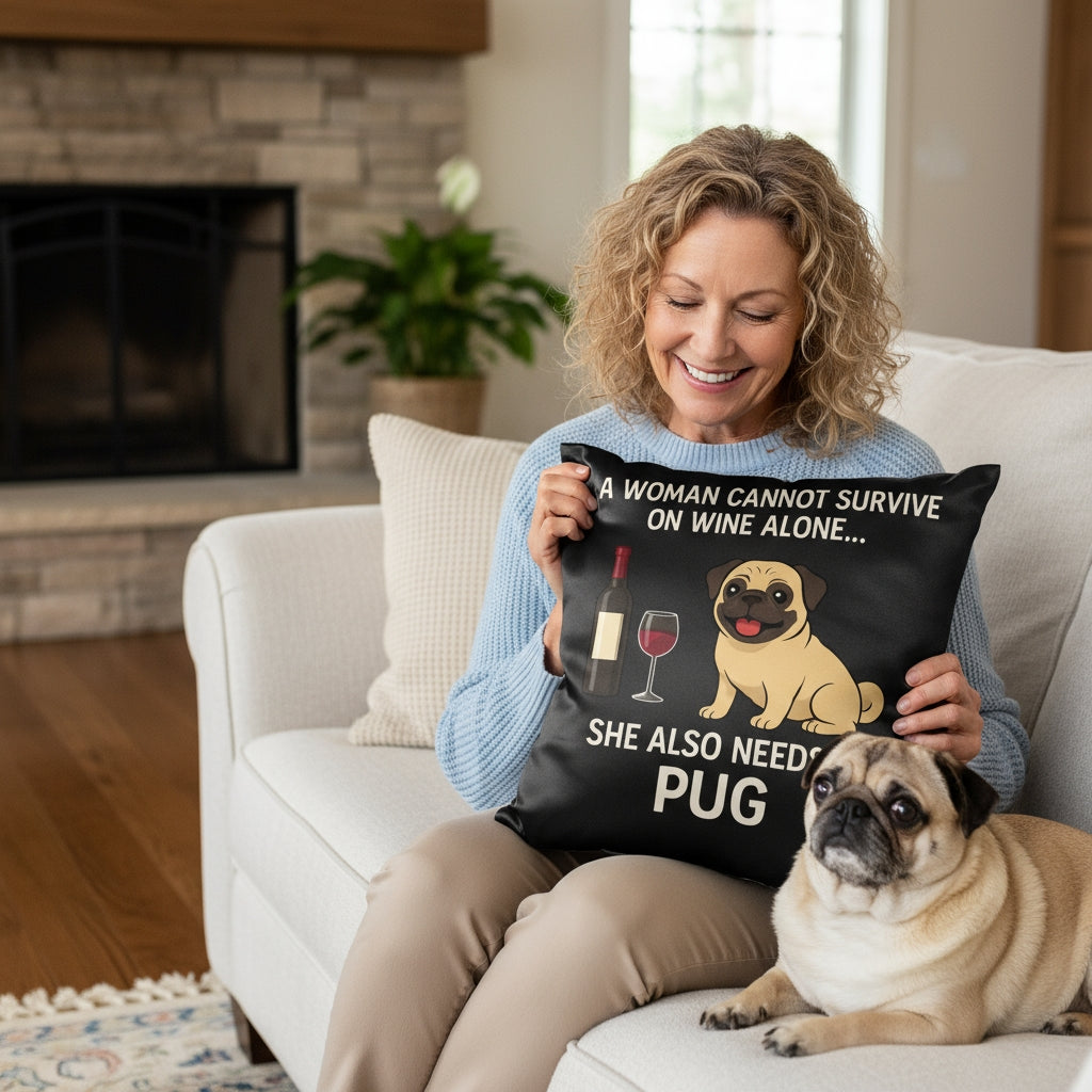 Personalized “A Woman Cannot Survive on Wine Alone…” Pug Pillowcase-Home Decor-Dog Mom Gifts,Home Decor,Personalize Artwork,Pillows,Pug,Pug - Black-1