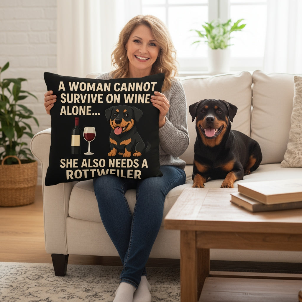 Personalized “A Woman Cannot Survive on Wine Alone…” Rottweiler Pillowcase-Home Decor-Dog Mom Gifts,Home Decor,Personalize Artwork,Pillows,Rottweiler-1
