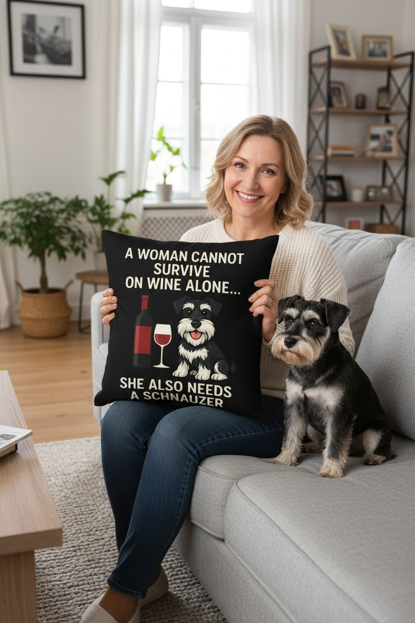 Personalized “A Woman Cannot Survive on Wine Alone…” Schnauzer Pillowcase-Home Decor-Dog Mom Gifts,Home Decor,Personalize Artwork,Pillows,Schnauzer-1