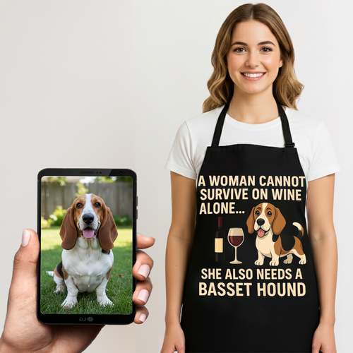Personalized “A Woman Cannot Survive on Wine…” Basset Hound Apron-Personalized Dog Gifts-Accessories,Apron,Basset Hound,Dog Mom Gifts,Personalize Artwork-1