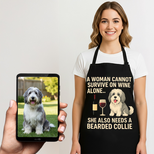 Personalized “A Woman Cannot Survive on Wine…” Bearded Collie Apron-Personalized Dog Gifts-Accessories,Apron,Bearded Collie,Dog Mom Gifts,Personalize Artwork-1