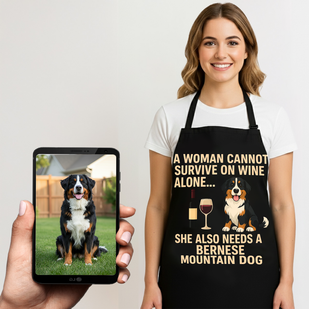 Personalized “A Woman Cannot Survive on Wine…” Bernese Mountain Dog Apron-Personalized Dog Gifts-Accessories,Apron,Bernese Mountain Dog,Dog Mom Gifts,Personalize Artwork-1