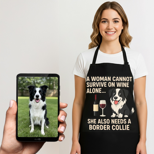 Personalized “A Woman Cannot Survive on Wine…” Border Collie Apron-Personalized Dog Gifts-Accessories,Apron,Border Collie,Dog Mom Gifts,Personalize Artwork-1