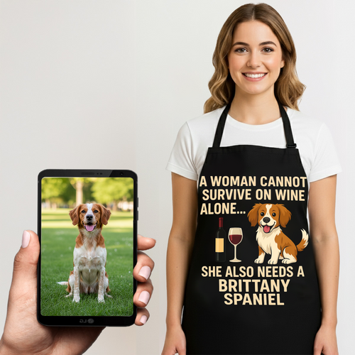 Personalized “A Woman Cannot Survive on Wine…” Brittany Spaniel Apron-Personalized Dog Gifts-Accessories,Apron,Brittany Spaniel,Dog Mom Gifts,Personalize Artwork-1