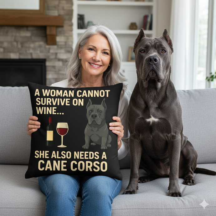 Personalized “A Woman Cannot Survive on Wine…” Cane Corso Pillowcase-Home Decor-Cane Corso,Dog Mom Gifts,Home Decor,Personalize Artwork,Pillows-1