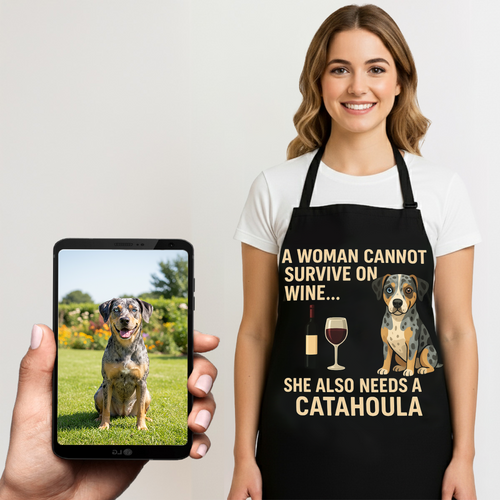 Personalized “A Woman Cannot Survive on Wine…” Catahoula Apron-Personalized Dog Gifts-Accessories,Apron,Catahoula,Dog Mom Gifts,Personalize Artwork-1