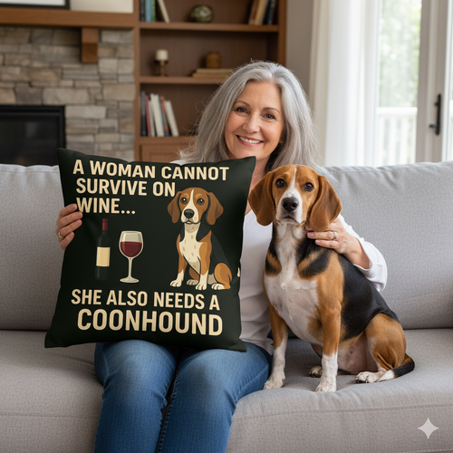 Personalized “A Woman Cannot Survive on Wine…” Coonhound Pillowcase-Home Decor-Coonhound,Dog Mom Gifts,Home Decor,Personalize Artwork,Pillows-1