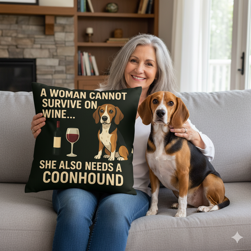 Personalized “A Woman Cannot Survive on Wine…” Coonhound Pillowcase-Home Decor-Coonhound,Dog Mom Gifts,Home Decor,Personalize Artwork,Pillows-1