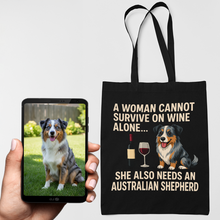 Load image into Gallery viewer, Personalized “A Woman Cannot Survive on Wine…” Custom Australian Shepherd Tote Bags-Accessories-Accessories,Australian Shepherd,Bags,Dog Mom Gifts,Personalize Artwork-1