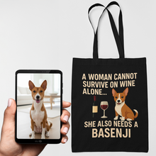 Load image into Gallery viewer, Personalized “A Woman Cannot Survive on Wine…” Custom Basenji Tote Bags-Accessories-Accessories,Bags,Basenji,Dog Mom Gifts,Personalize Artwork-1