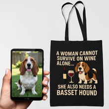 Load image into Gallery viewer, Personalized “A Woman Cannot Survive on Wine…” Custom Basset Hound Tote Bags-Accessories-Accessories,Bags,Basset Hound,Dog Mom Gifts,Personalize Artwork-1