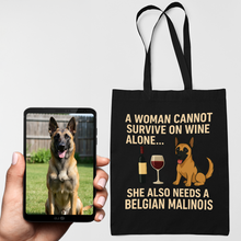 Load image into Gallery viewer, Personalized “A Woman Cannot Survive on Wine…” Custom Belgian Malinois Tote Bags-Accessories-Accessories,Bags,Belgian Malinois,Dog Mom Gifts,Personalize Artwork-1