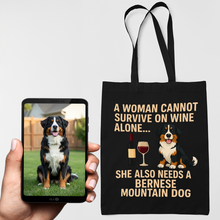 Load image into Gallery viewer, Personalized “A Woman Cannot Survive on Wine…” Custom Bernese Dog Tote Bags-Accessories-Accessories,Bags,Bernese Mountain Dog,Dog Mom Gifts,Personalize Artwork-1