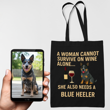 Load image into Gallery viewer, Personalized “A Woman Cannot Survive on Wine…” Custom Blue Heeler Tote Bags-Accessories-Accessories,Bags,Blue Heeler,Dog Mom Gifts,Personalize Artwork-1