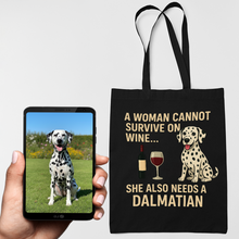 Load image into Gallery viewer, Personalized “A Woman Cannot Survive on Wine…” Custom Dalmatian Tote Bags-Accessories-Accessories,Bags,Dalmatian,Dog Mom Gifts,Personalize Artwork-1
