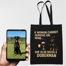 Load image into Gallery viewer, Personalized “A Woman Cannot Survive on Wine…” Custom Doberman Tote Bags-Accessories-Accessories,Bags,Doberman,Dog Mom Gifts,Personalize Artwork-5