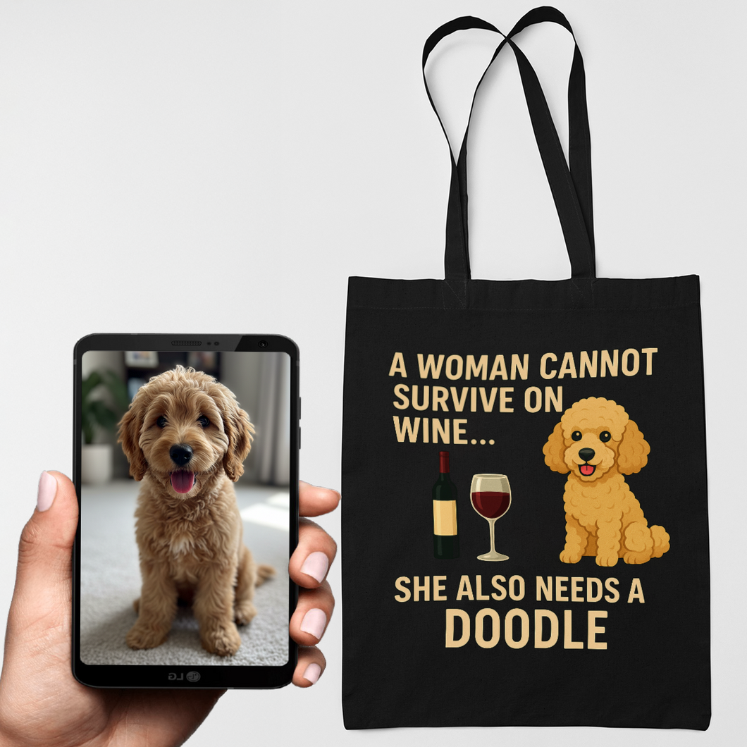 Personalized “A Woman Cannot Survive on Wine…” Custom Doodle Tote Bags-Accessories-Accessories,Bags,Dog Mom Gifts,Personalize Artwork-1