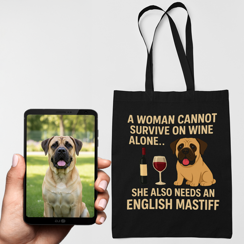 Personalized “A Woman Cannot Survive on Wine…” Custom English Mastiff Tote Bags-Accessories-Accessories,Bags,Dog Mom Gifts,English Mastiff,Personalize Artwork-1