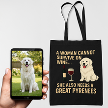 Load image into Gallery viewer, Personalized “A Woman Cannot Survive on Wine…” Custom Great Pyrenees Tote Bags-Accessories-Accessories,Bags,Dog Mom Gifts,Personalize Artwork-1