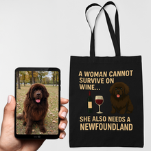Load image into Gallery viewer, Personalized “A Woman Cannot Survive on Wine…” Custom Newfoundland Tote Bags-Accessories-Accessories,Bags,Dog Mom Gifts,Newfoundland,Personalize Artwork-1