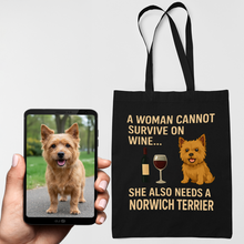 Load image into Gallery viewer, Personalized “A Woman Cannot Survive on Wine…” Custom Norwich Terrier Tote Bags-Accessories-Accessories,Bags,Dog Mom Gifts,Norwich Terrier,Personalize Artwork-1