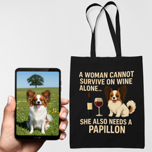 Load image into Gallery viewer, Personalized “A Woman Cannot Survive on Wine…” Custom Papillon Tote Bags-Accessories-Accessories,Bags,Dog Mom Gifts,Papillon,Personalize Artwork-1