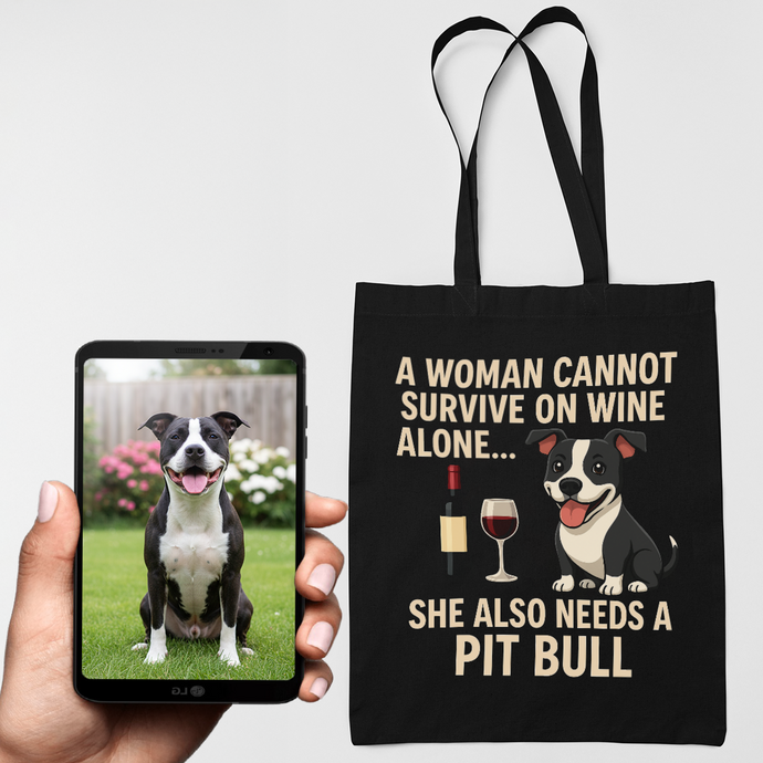 Personalized “A Woman Cannot Survive on Wine…” Custom Pit Bull Tote Bags-Accessories-Accessories,Bags,Dog Mom Gifts,Personalize Artwork,Pit Bull-1