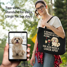 Load image into Gallery viewer, Personalized “A Woman Cannot Survive on Wine…” Custom Portuguese Water Dog Tote Bags-Accessories-Accessories,Bags,Dog Mom Gifts,Personalize Artwork,Portuguese Water Dog-4