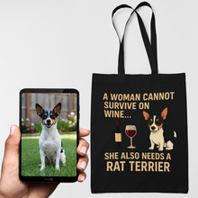 Load image into Gallery viewer, Personalized “A Woman Cannot Survive on Wine…” Custom Rat Terrier Tote Bags-Accessories-Accessories,Bags,Dog Mom Gifts,Personalize Artwork,Rat Terrier-1